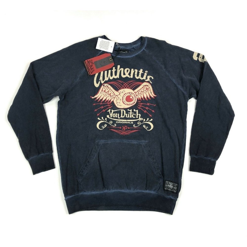 Von Dutch Authentic Originals Mens XL Blue White Crew Neck Pullover Sweatshirt